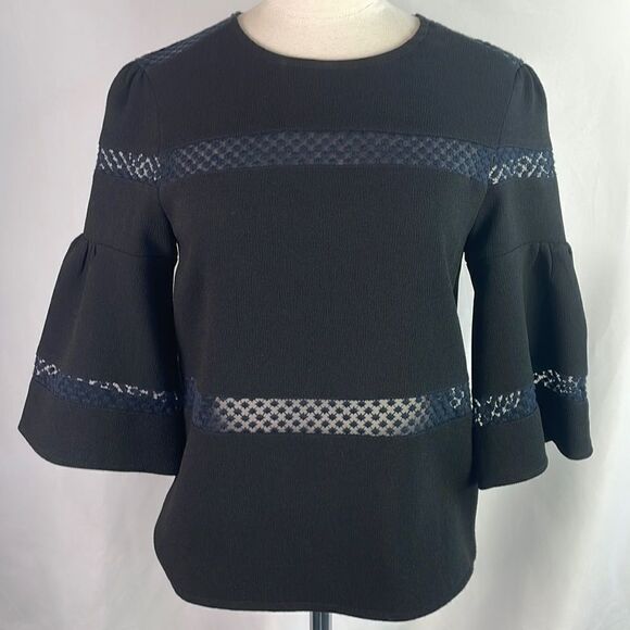 Maje Black With Sheer Panels Bell Sleeve Top - Picture 1 of 5
